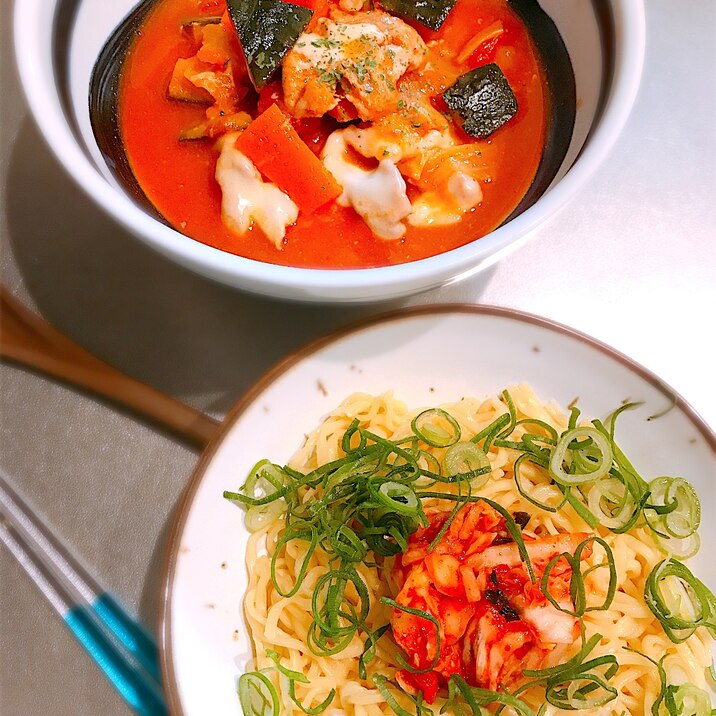 マルちゃん正麺味噌味で!洋風つけ麺